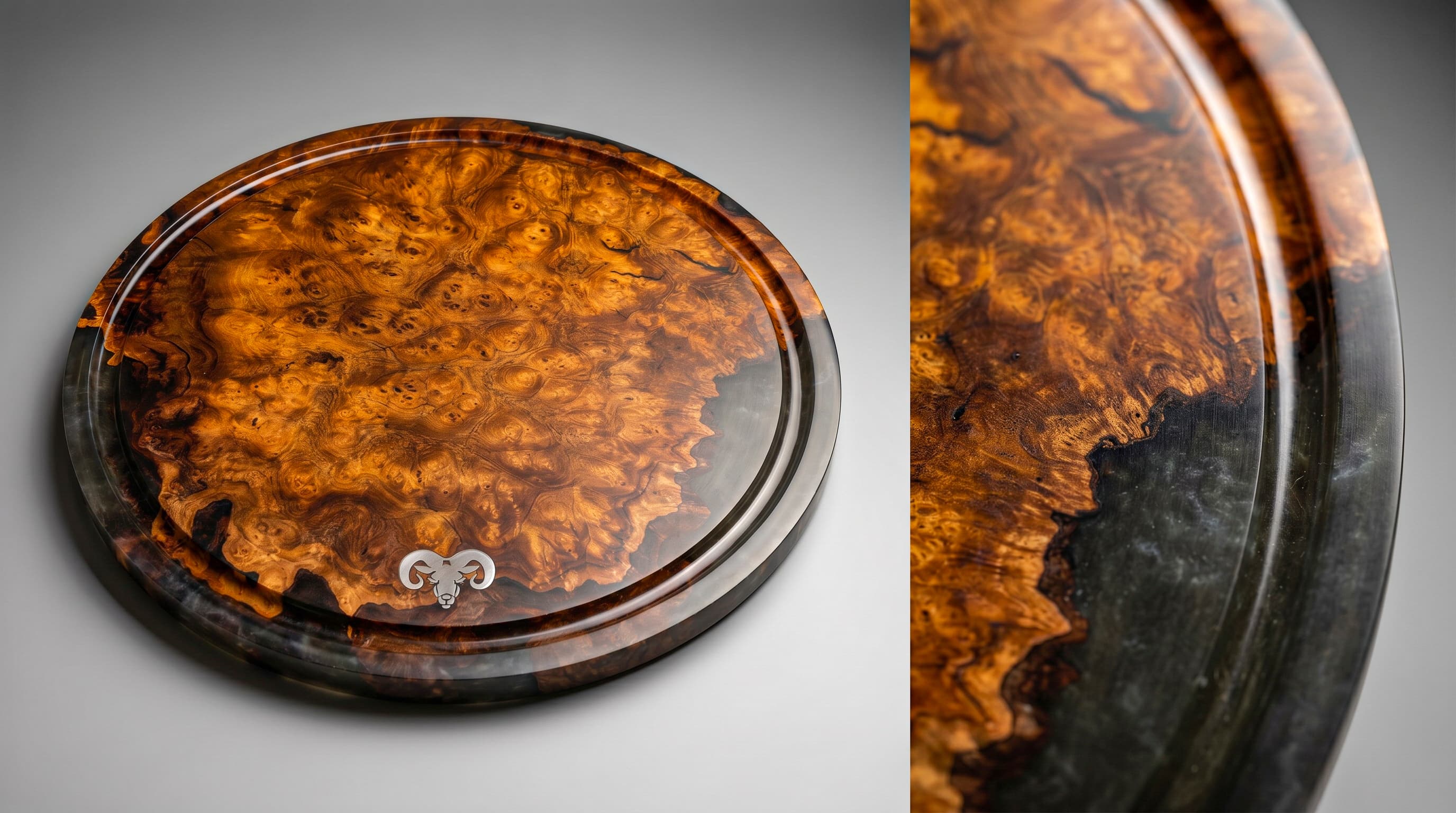 Peça circular BecoWood com desenho natural da madeira e detalhe do acabamento
